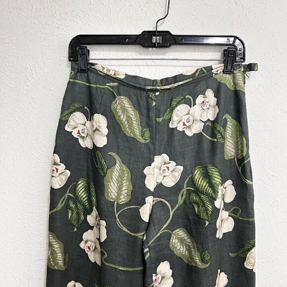 Silk Club Collection 100% Linen Crop Pants Green Floral Size 6 Fully Lined Zip - Picture 2 of 10